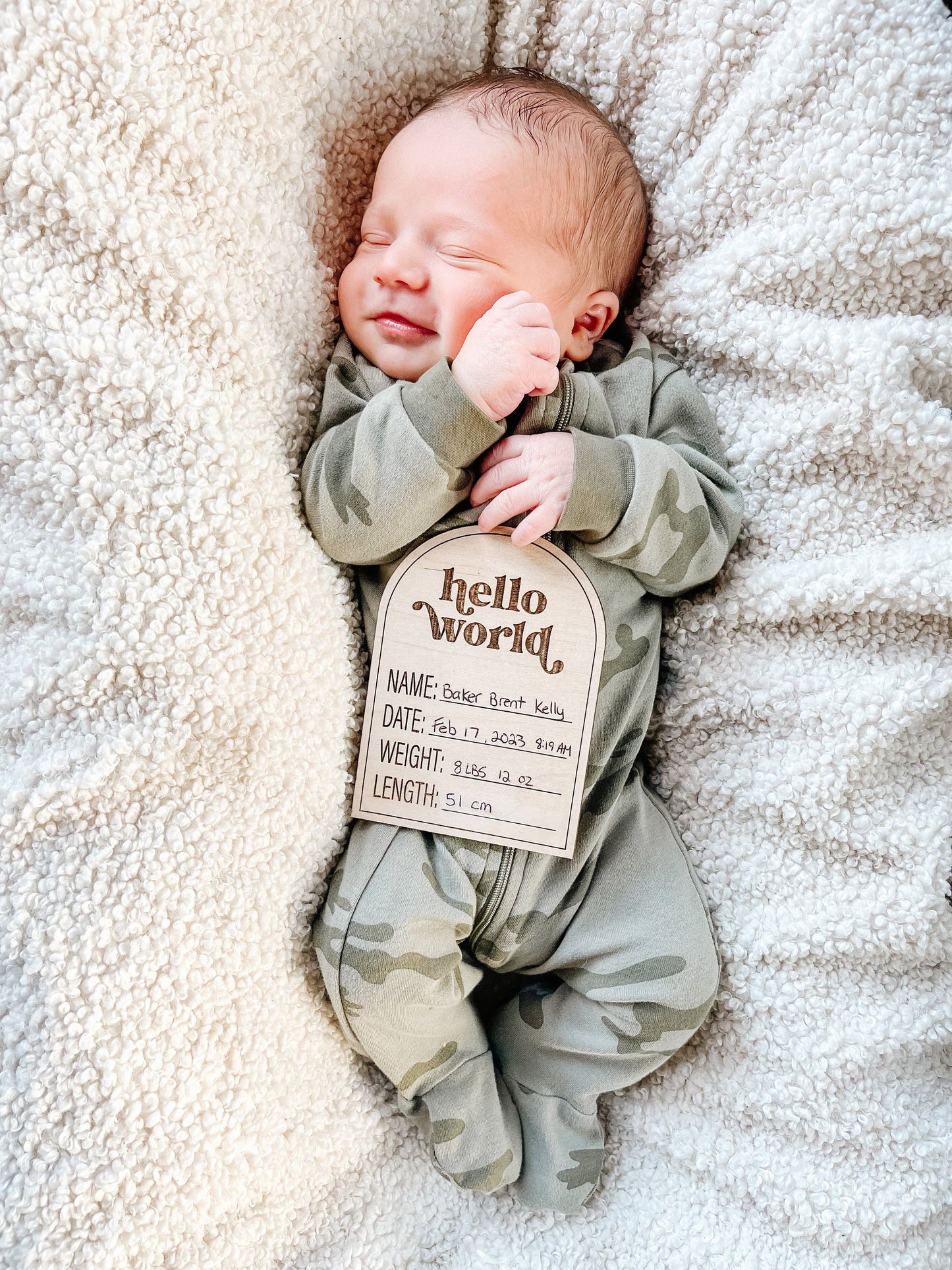 Arched Hello World Birth Announcement Laser Engraved Birth Stats